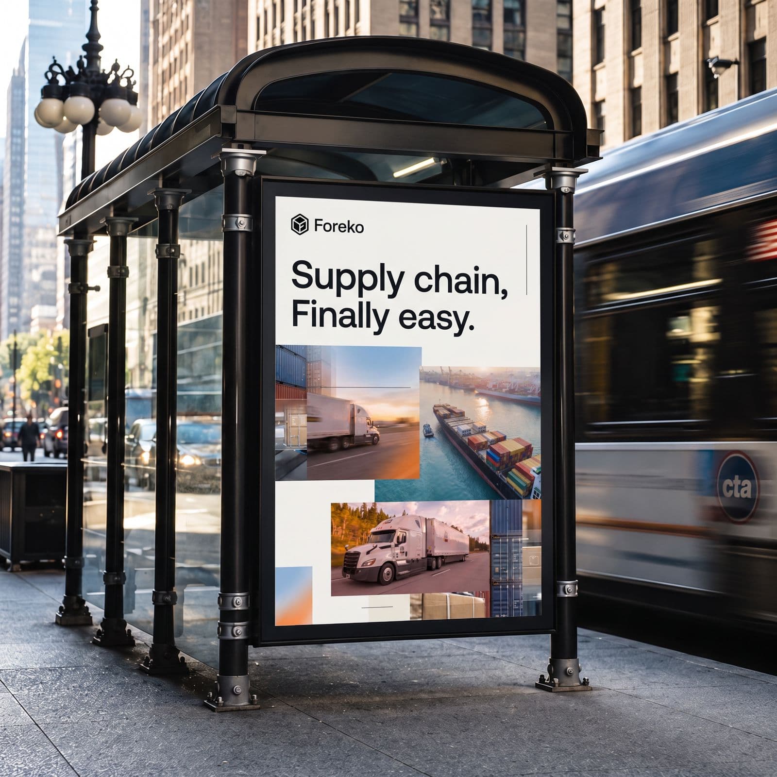 Foreko "Supply chain, finally easy" poster at a city bus shelter