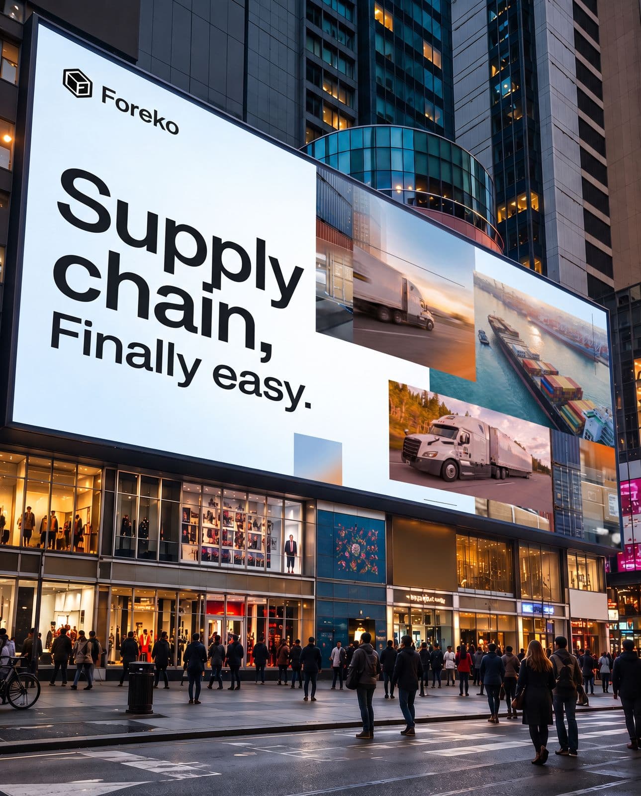 Foreko billboard above a busy downtown street at dusk
