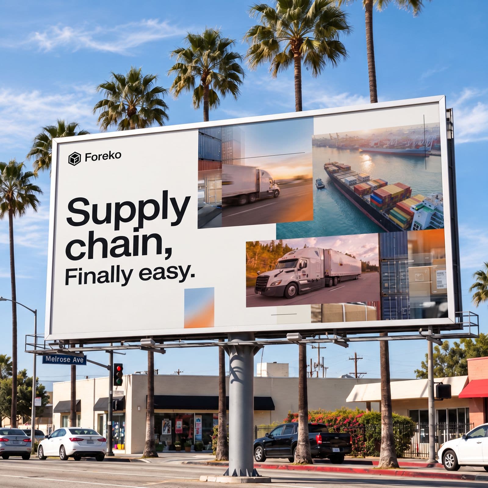 Foreko billboard on a palm-lined boulevard