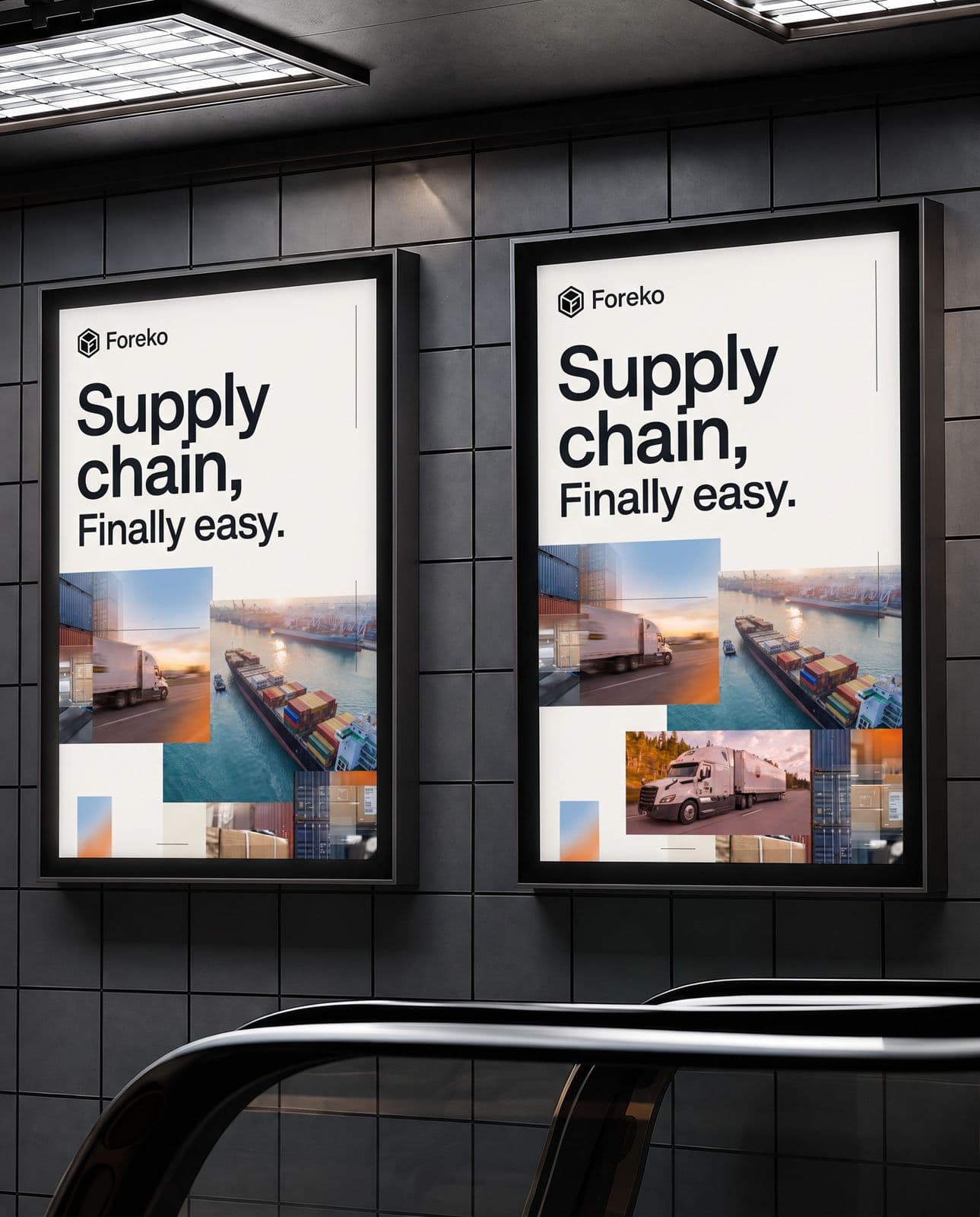 Two Foreko posters on a subway station wall